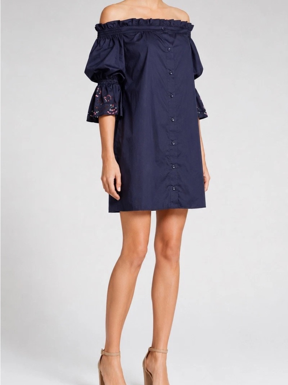 Parker Dakota Off-the-Shoulder Embroidered Sleeve Navy Mini Dress